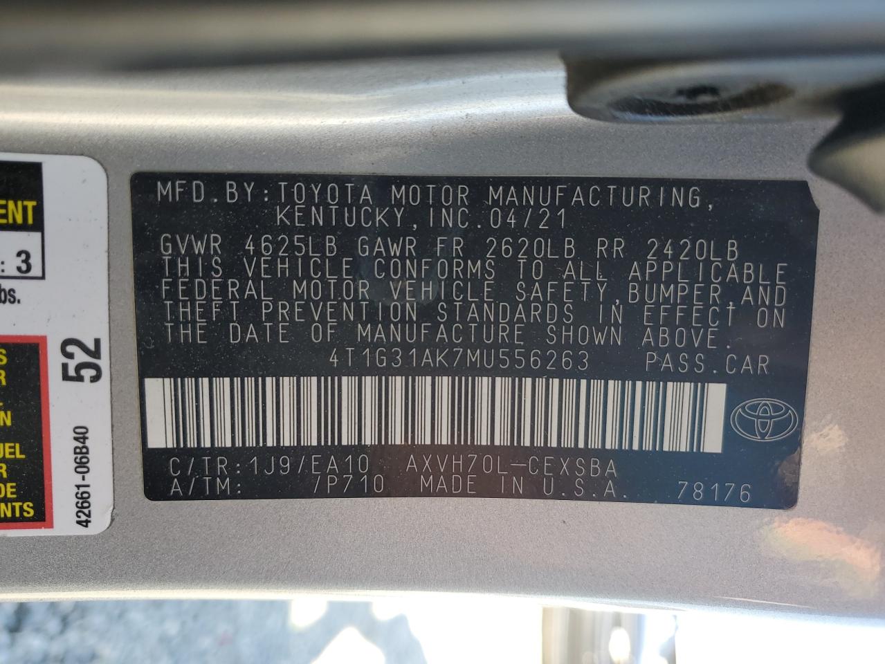 2021 Toyota Camry Se VIN: 4T1G31AK7MU556263 Lot: 84229075