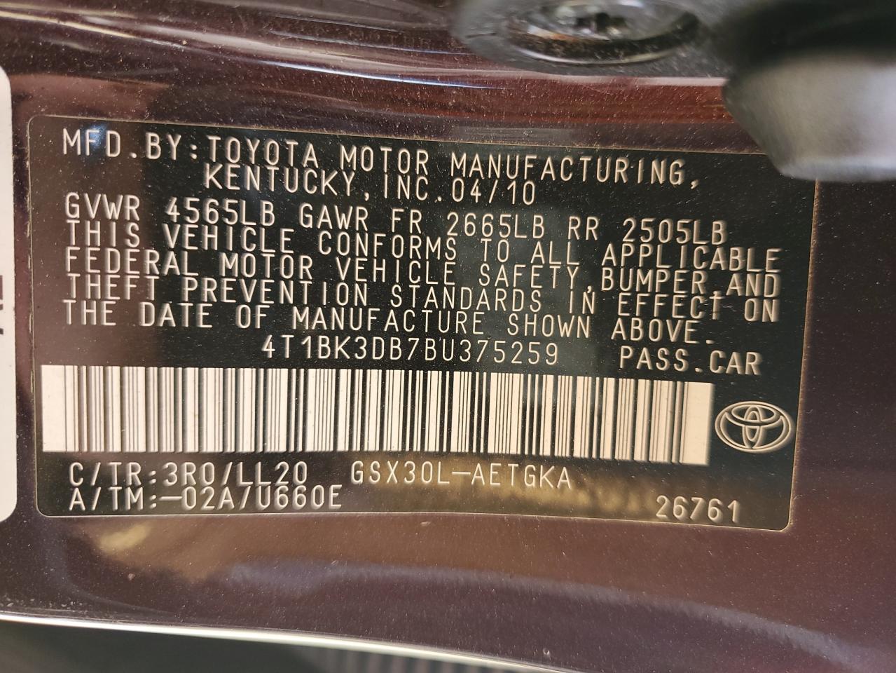 2011 Toyota Avalon Base VIN: 4T1BK3DB7BU375259 Lot: 71554255