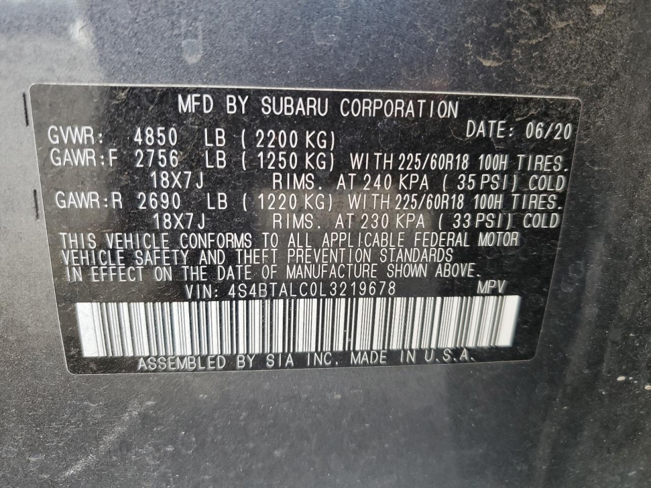 2020 Subaru Outback Limited VIN: 4S4BTALC0L3219678 Lot: 71204425