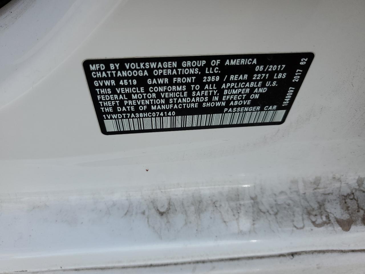 2017 Volkswagen Passat R-Line VIN: 1VWDT7A38HC074140 Lot: 80886195
