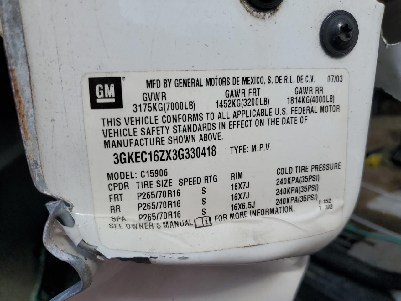 2003 GMC Yukon Xl C1500 VIN: 3GKEC16ZX3G330418 Lot: 80737045