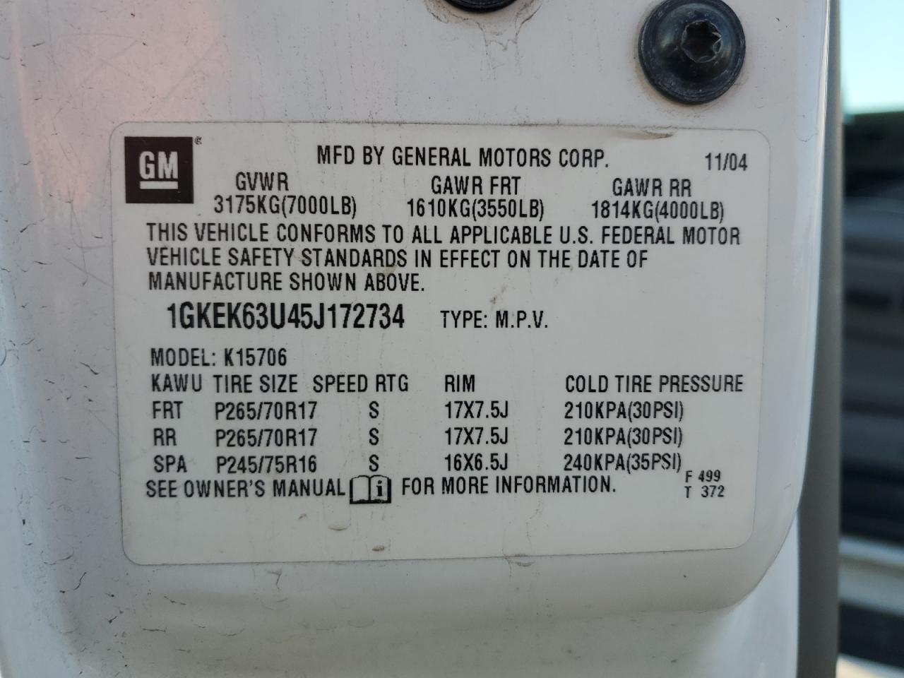 2005 GMC Yukon Denali VIN: 1GKEK63U45J172734 Lot: 84050315