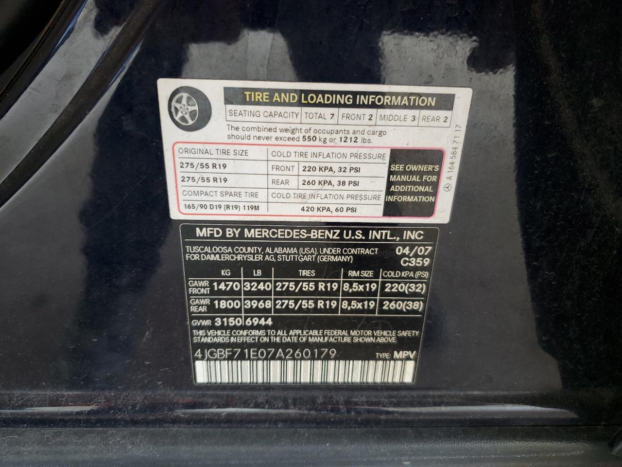 2007 Mercedes-Benz Gl 450 4Matic VIN: 4JGBF71E07A260179 Lot: 84600345