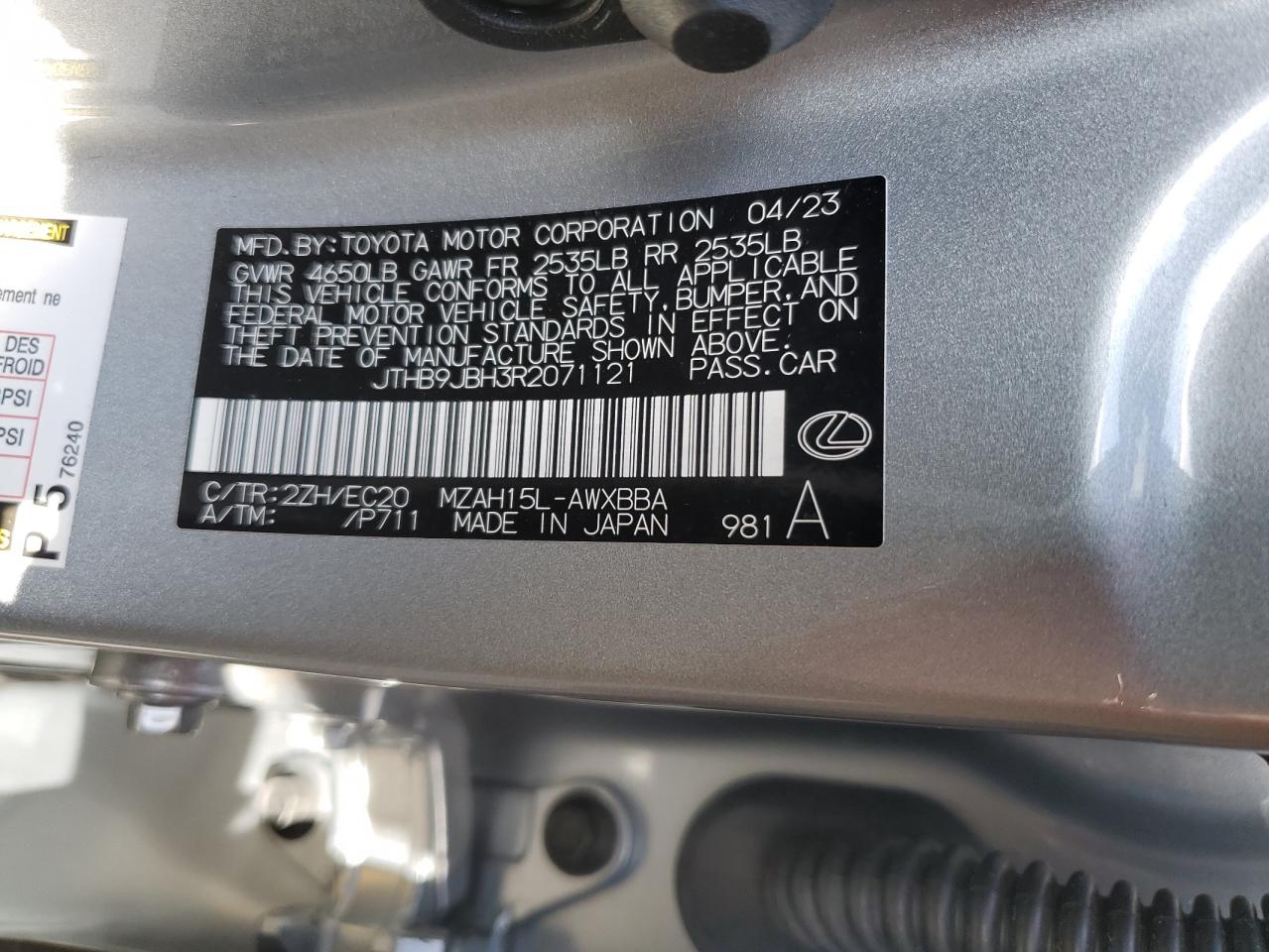 2024 Lexus Ux 250H Base VIN: JTHB9JBH3R2071121 Lot: 71071425