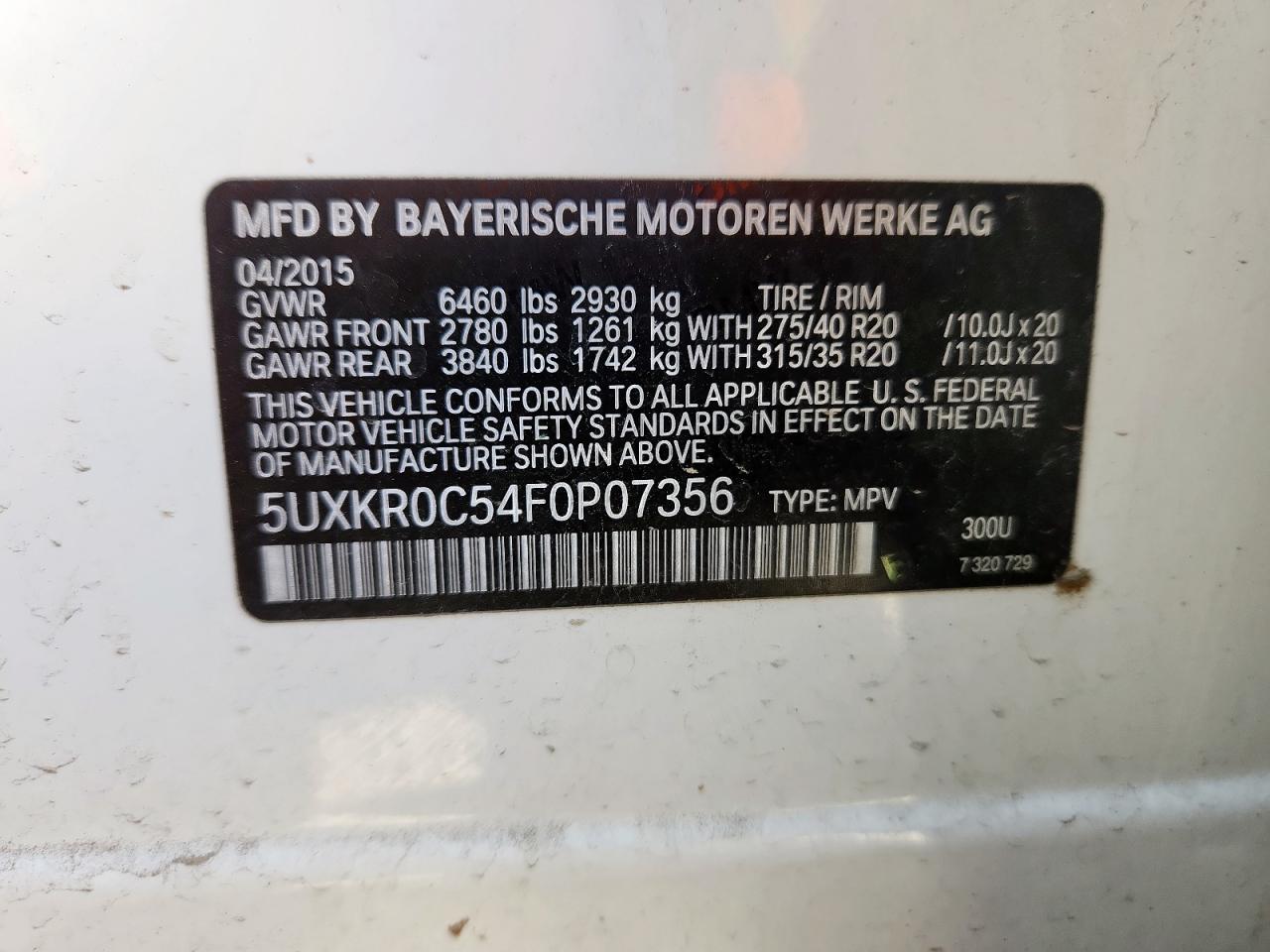 2015 BMW X5 xDrive35I VIN: 5UXKR0C54F0P07356 Lot: 80898785