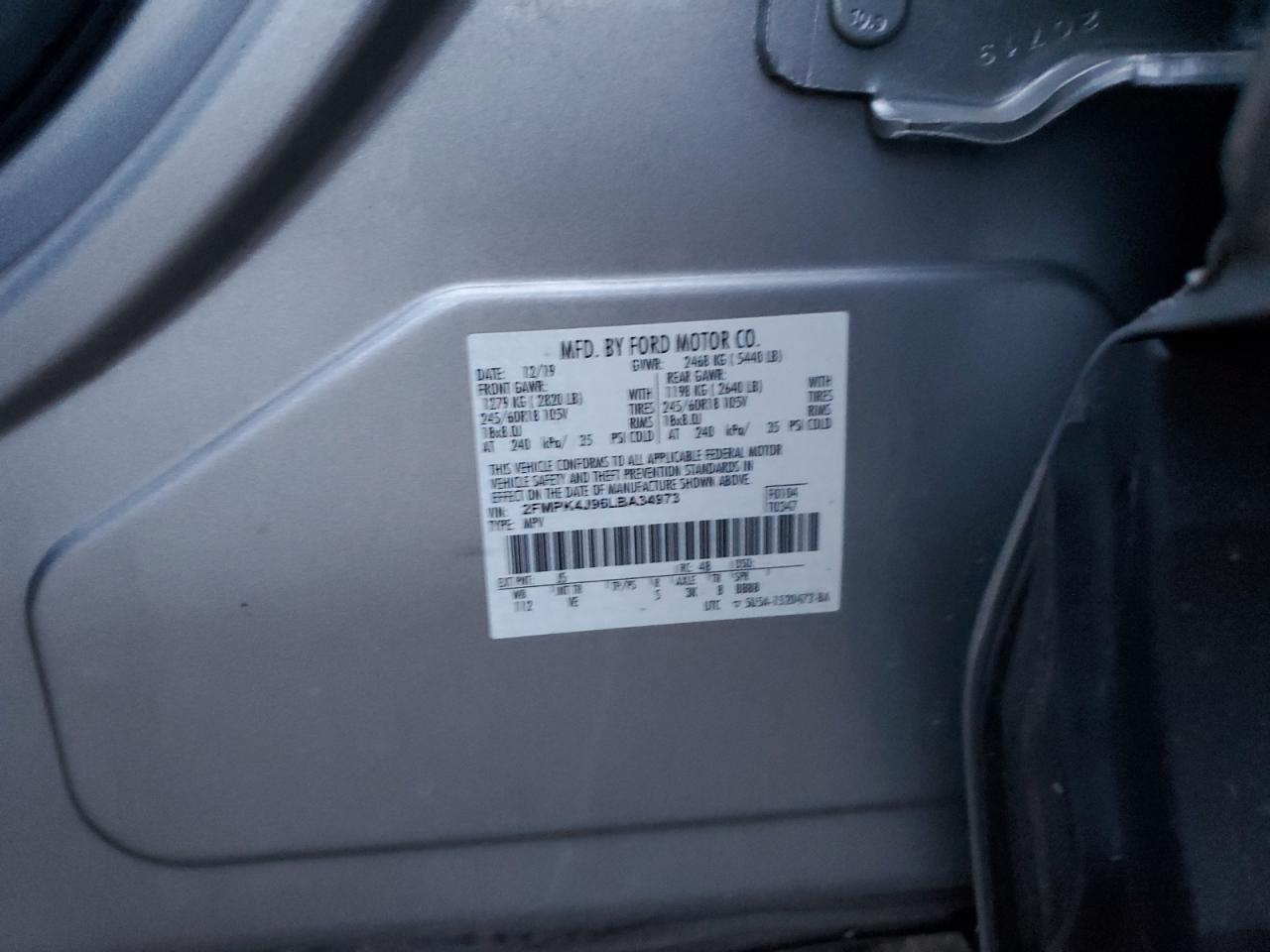 2020 Ford Edge Sel VIN: 2FMPK4J96LBA34973 Lot: 84170185