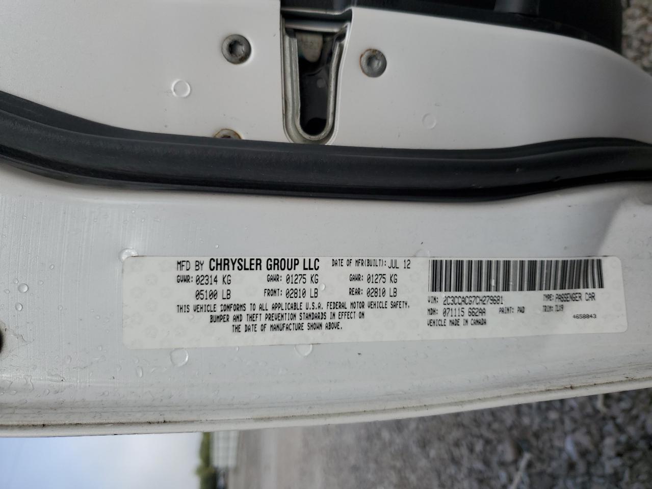 2012 Chrysler 300 Limited VIN: 2C3CCACG7CH279681 Lot: 83852145