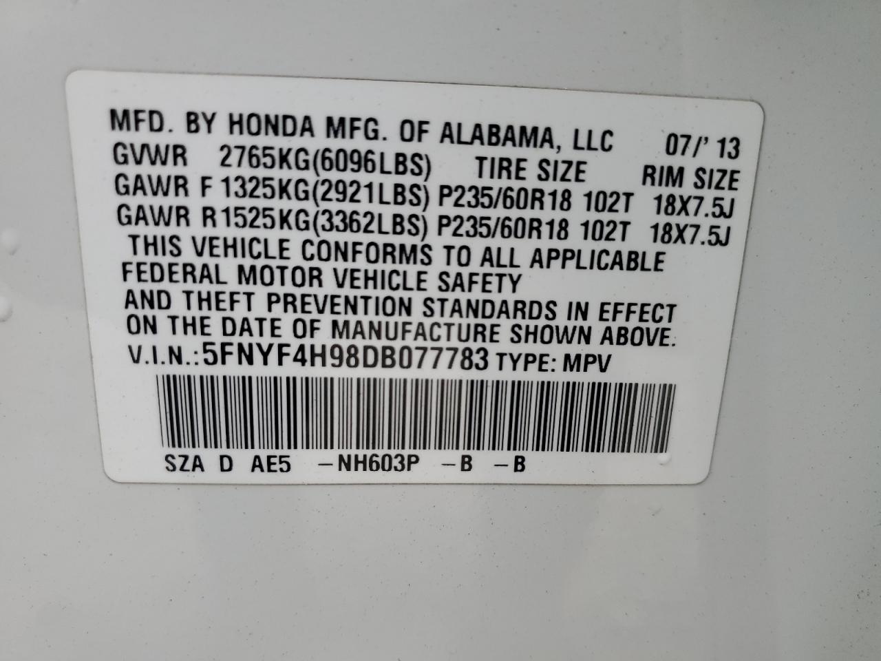 2013 Honda Pilot Touring VIN: 5FNYF4H98DB077783 Lot: 81363165