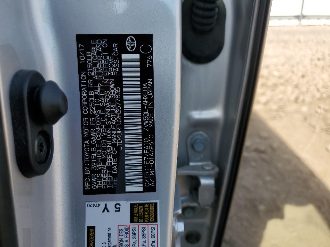 2017 Toyota Prius VIN: JTDKBRFU2H3577835 Lot: 72080065