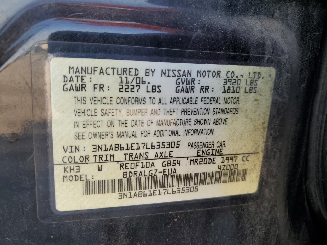 2007 Nissan Sentra 2.0 VIN: 3N1AB61E17L635305 Lot: 71112395