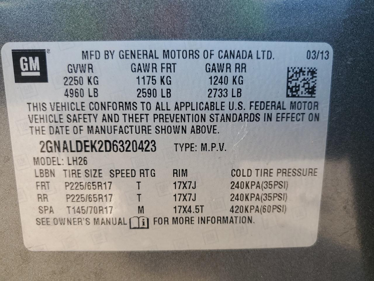 2013 Chevrolet Equinox Lt VIN: 2GNALDEK2D6320423 Lot: 80688535