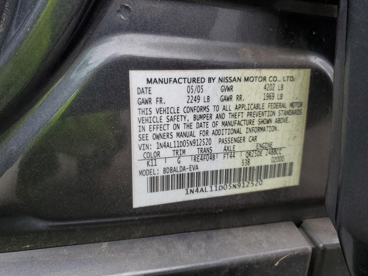 2005 Nissan Altima S VIN: 1N4AL11D05N912520 Lot: 84221455