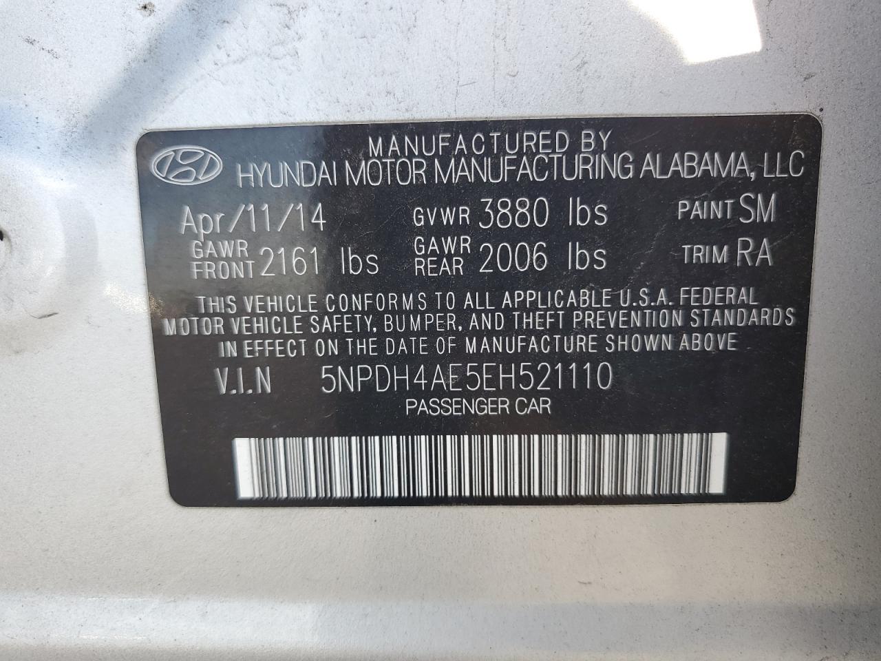 2014 Hyundai Elantra Se VIN: 5NPDH4AE5EH521110 Lot: 80858935