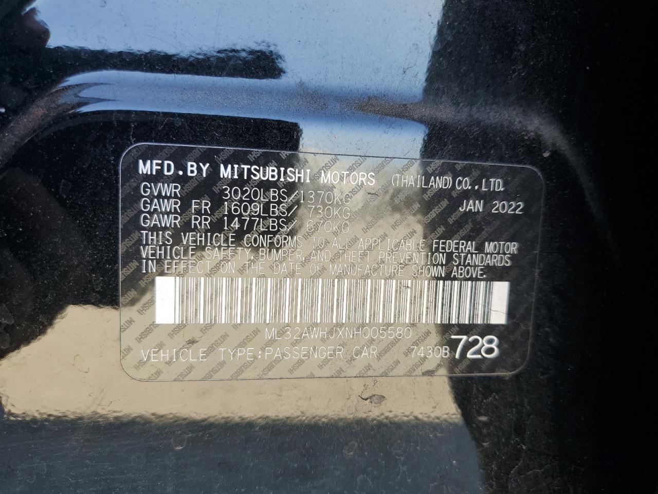 2022 Mitsubishi Mirage Se VIN: ML32AWHJXNH005580 Lot: 81104345