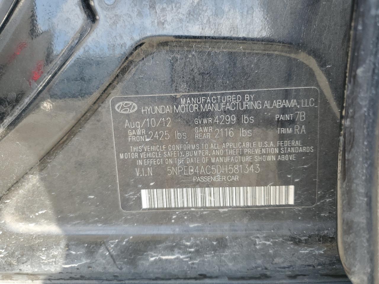 2013 Hyundai Sonata Gls VIN: 5NPEB4AC5DH581343 Lot: 81716405