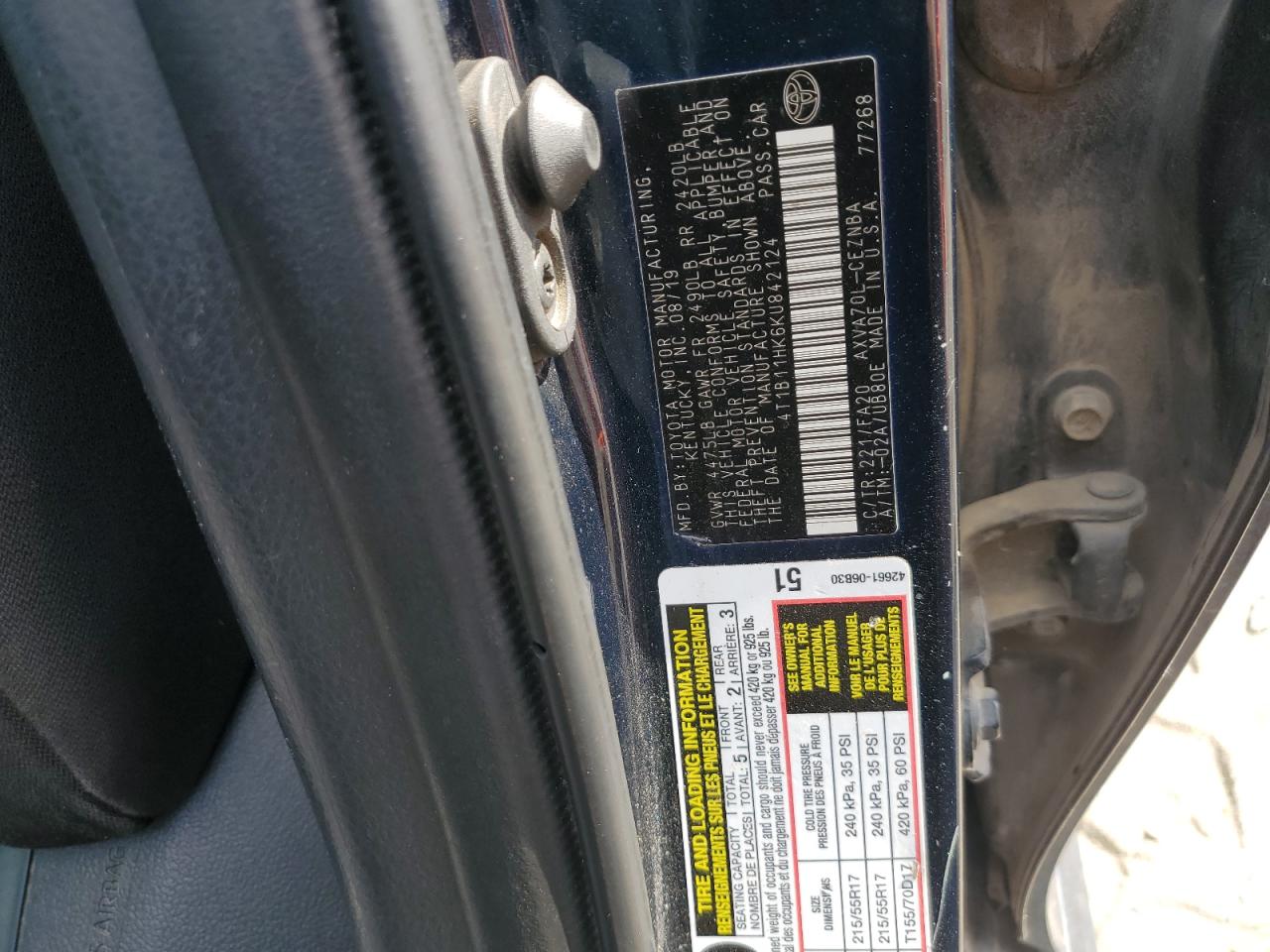 2019 Toyota Camry L VIN: 4T1B11HK6KU842124 Lot: 83793575