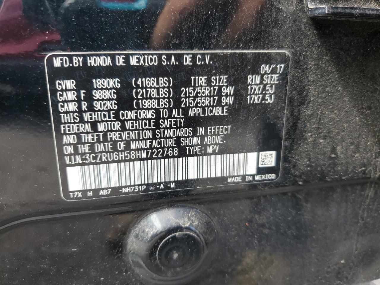 2017 Honda Hr-V Ex VIN: 3CZRU6H58HM722768 Lot: 80660305