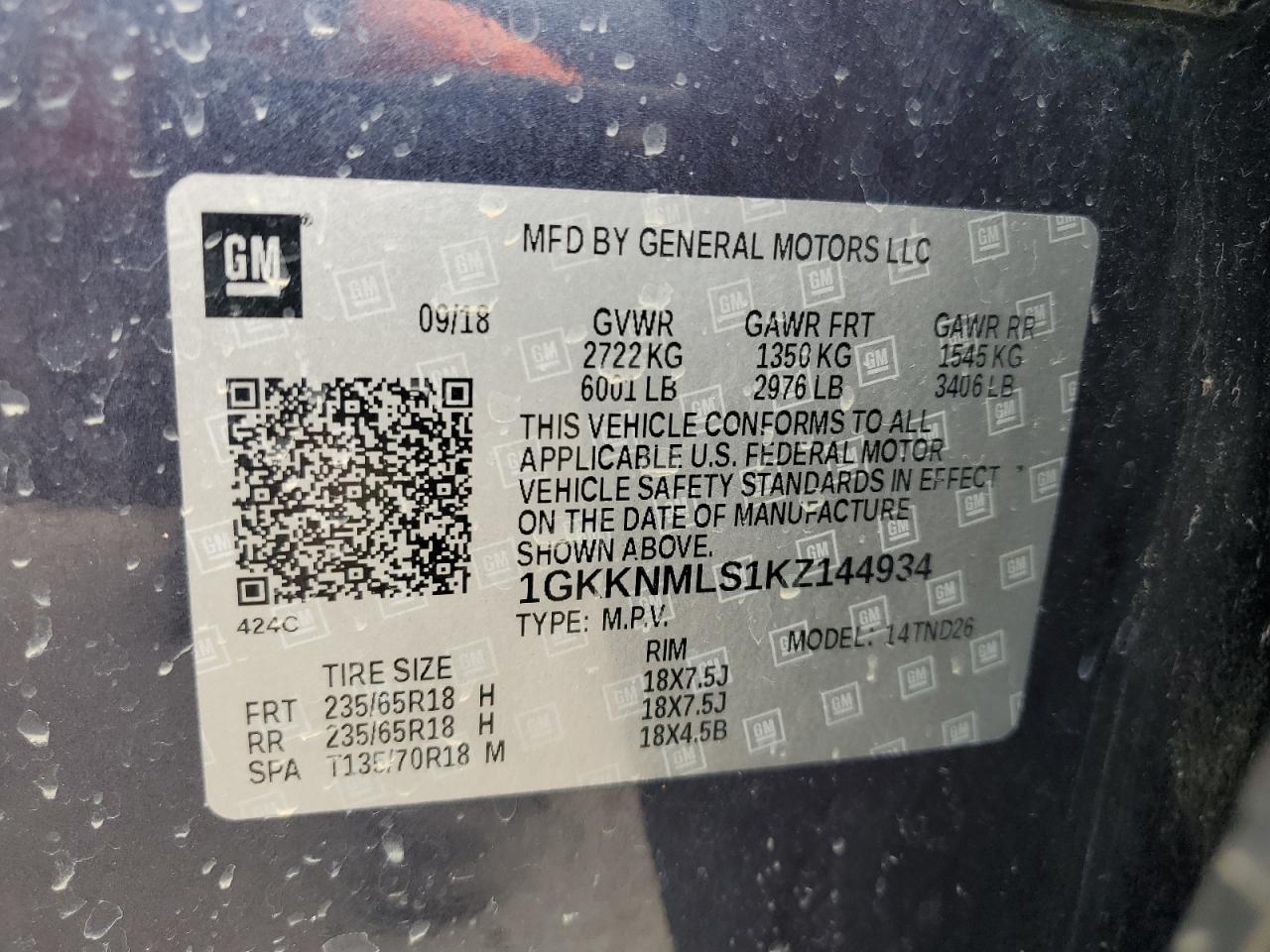 2019 GMC Acadia Slt-1 VIN: 1GKKNMLS1KZ144934 Lot: 84601005