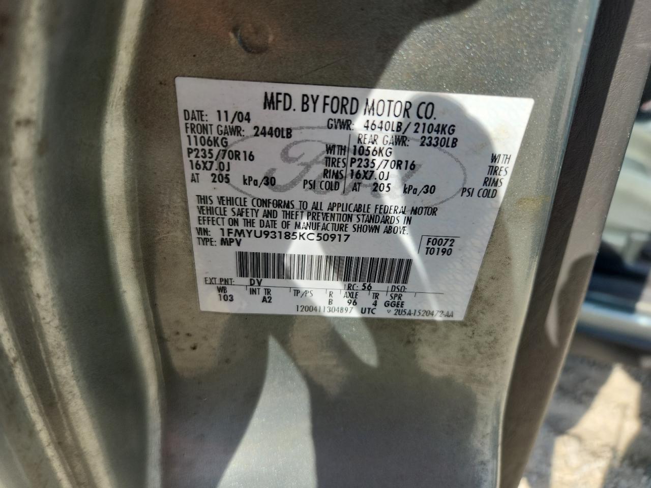 2005 Ford Escape Xlt VIN: 1FMYU93185KC50917 Lot: 80398395