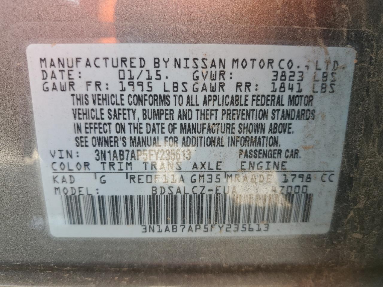 2015 Nissan Sentra S VIN: 3N1AB7AP5FY235613 Lot: 81763255