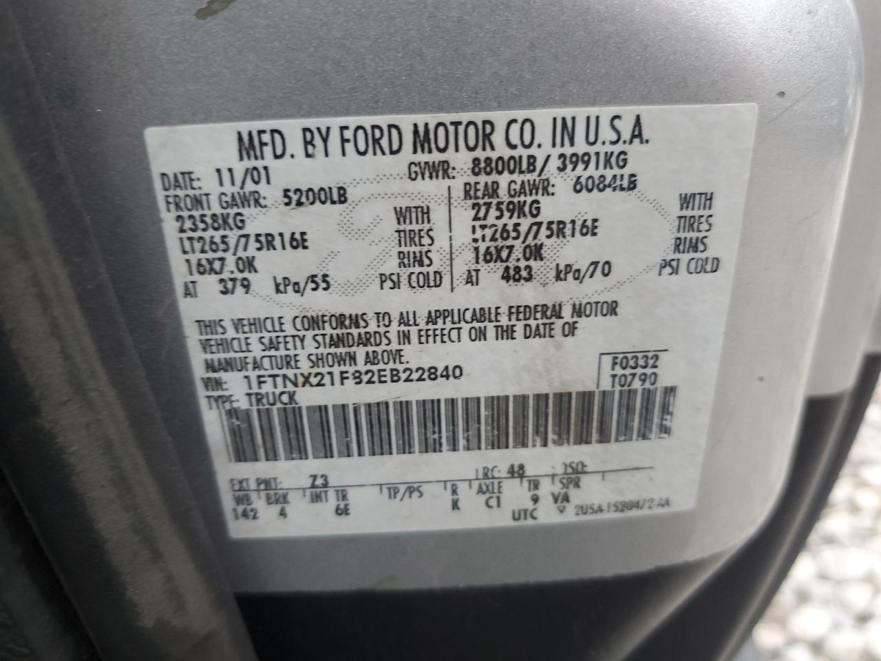 2002 Ford F250 Super Duty VIN: 1FTNX21F82EB22840 Lot: 81647145