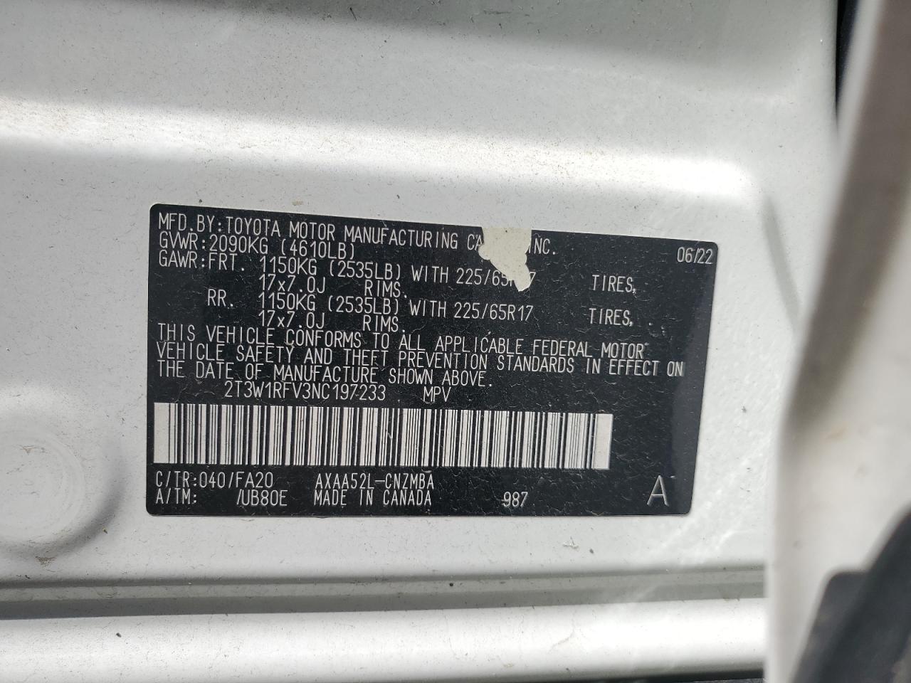 2022 Toyota Rav4 Xle VIN: 2T3W1RFV3NC197233 Lot: 81189925