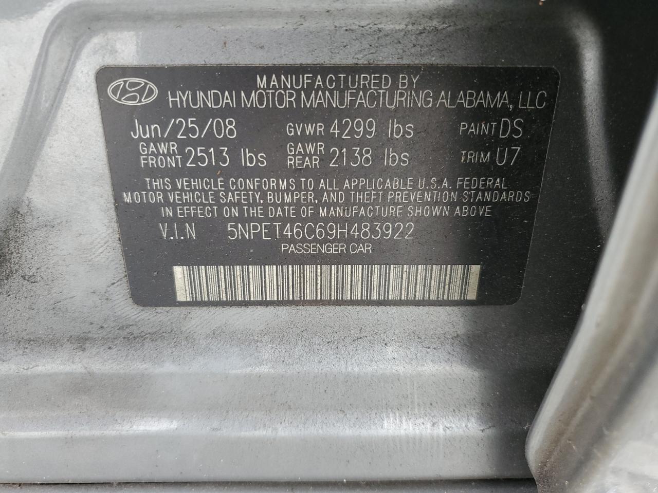 2009 Hyundai Sonata Gls VIN: 5NPET46C69H483922 Lot: 83971315