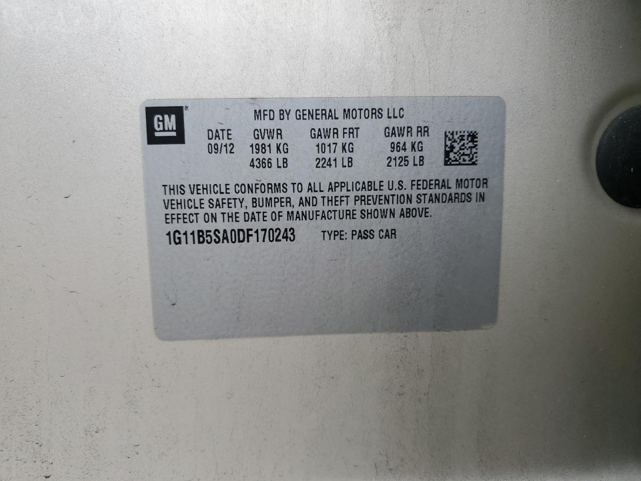 2013 Chevrolet Malibu Ls VIN: 1G11B5SA0DF170243 Lot: 80717845