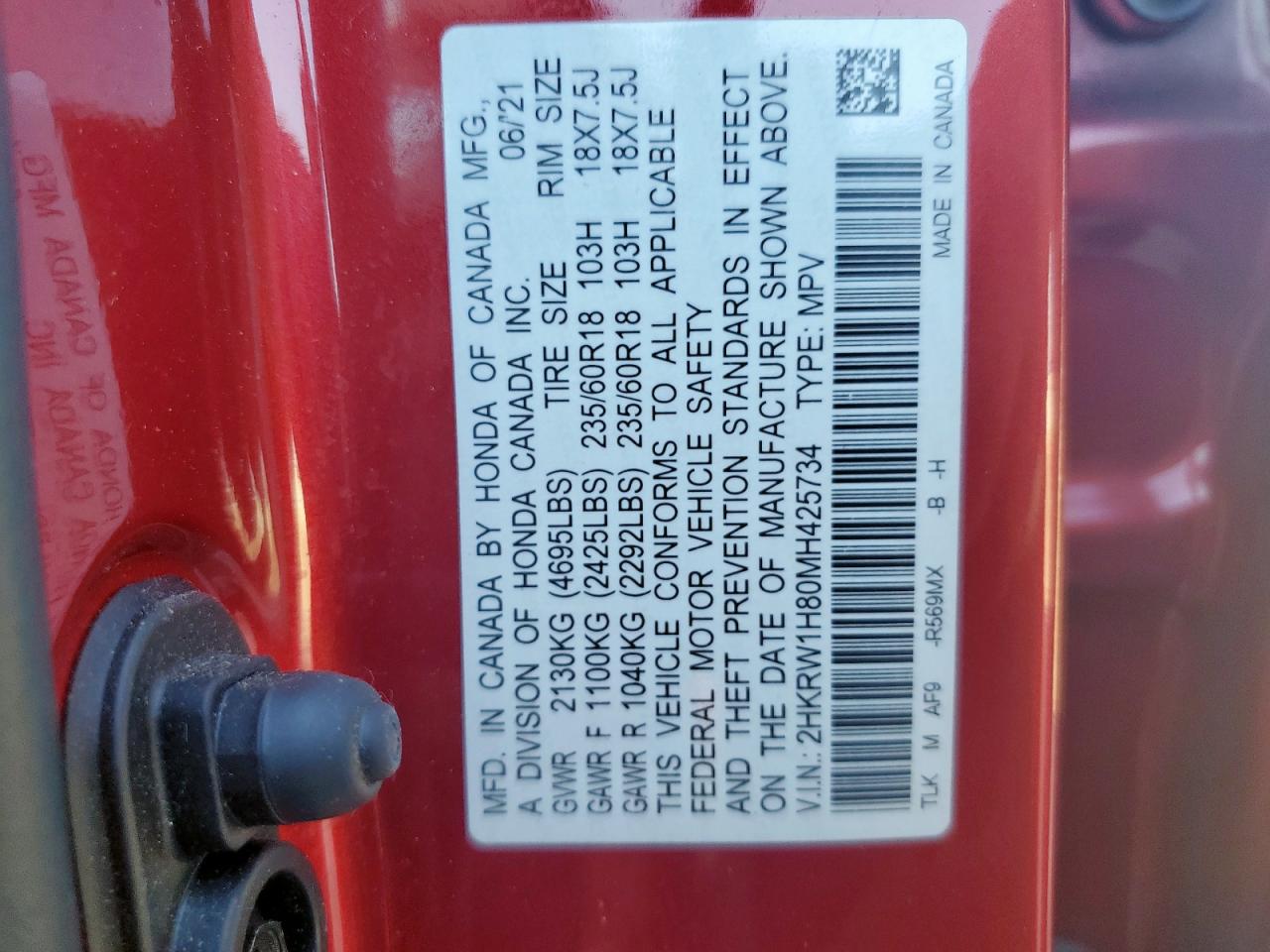 2021 Honda Cr-V Exl VIN: 2HKRW1H80MH425734 Lot: 72046095