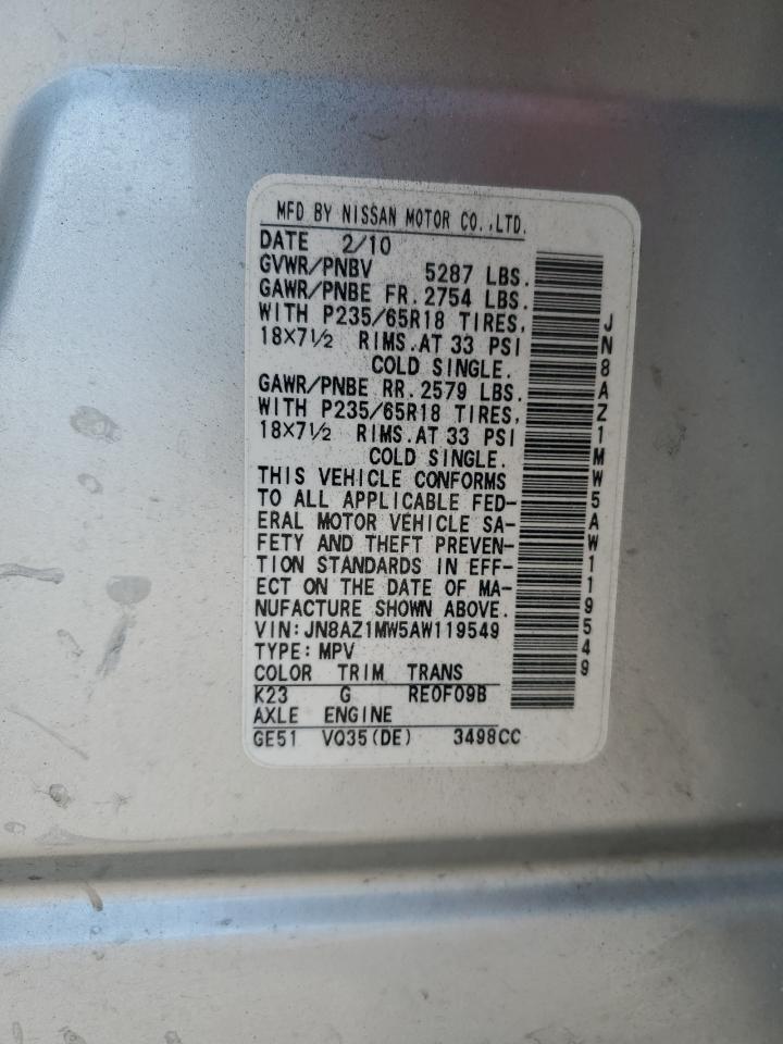 2010 Nissan Murano S VIN: JN8AZ1MW5AW119549 Lot: 80465805