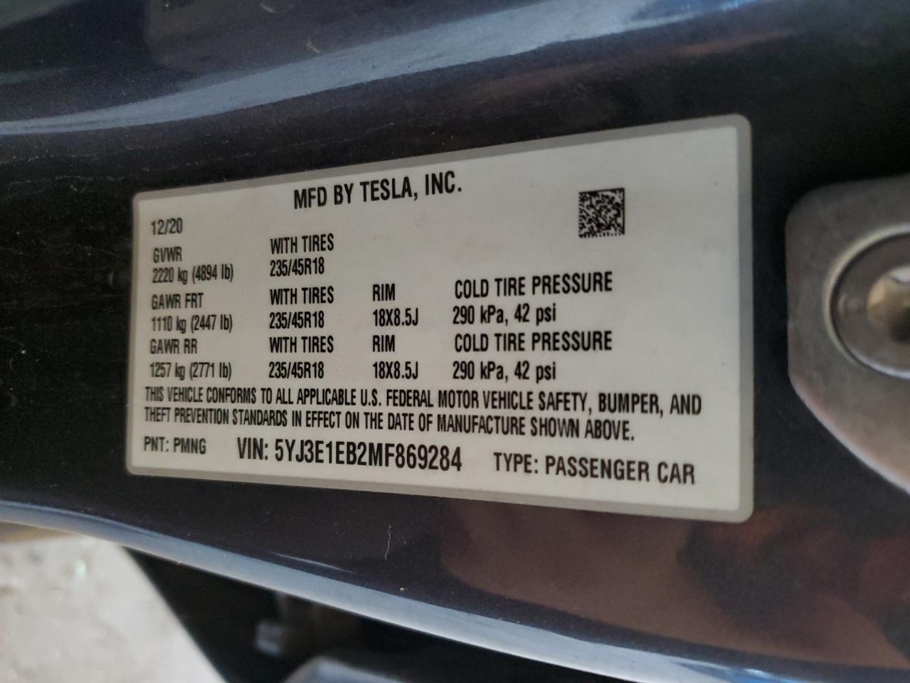 2021 Tesla Model 3 VIN: 5YJ3E1EB2MF869284 Lot: 84048925