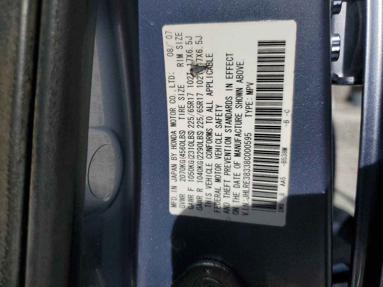 2008 Honda Cr-V Lx VIN: JHLRE38338C000595 Lot: 71167885