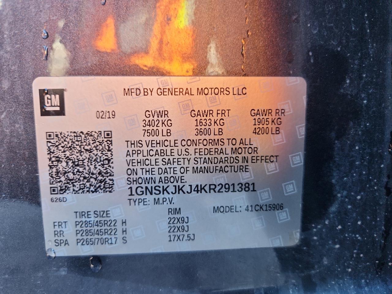 2019 Chevrolet Suburban K1500 Premier VIN: 1GNSKJKJ4KR291381 Lot: 81253725