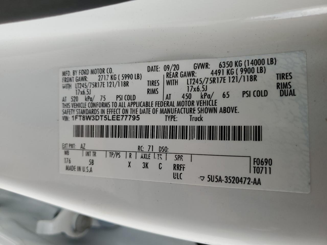 2020 Ford F350 Super Duty VIN: 1FT8W3DT5LEE77795 Lot: 70828235