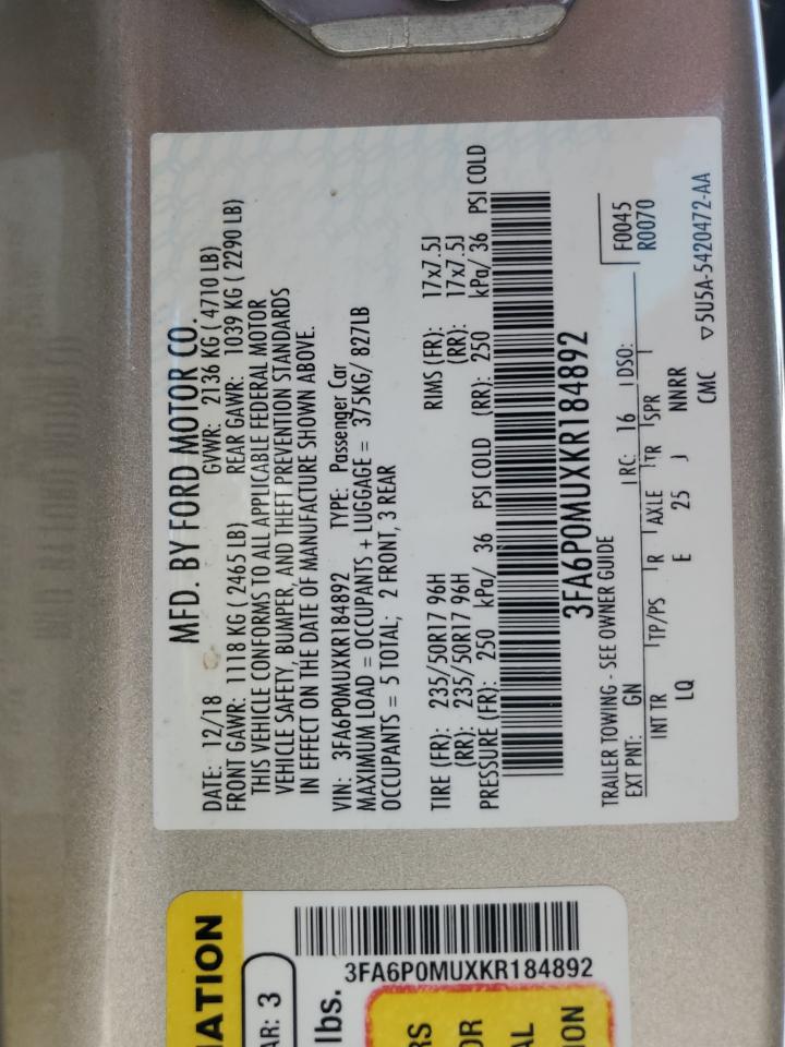 2019 Ford Fusion Sel VIN: 3FA6P0MUXKR184892 Lot: 71548975