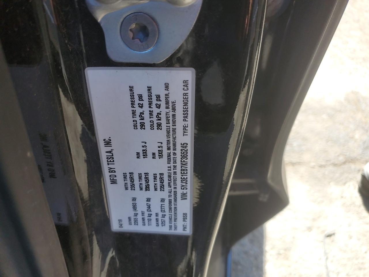 2019 Tesla Model 3 VIN: 5YJ3E1EB7KF365245 Lot: 80513035