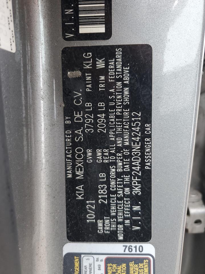 2022 Kia Forte Fe VIN: 3KPF24AD3NE424512 Lot: 81918515