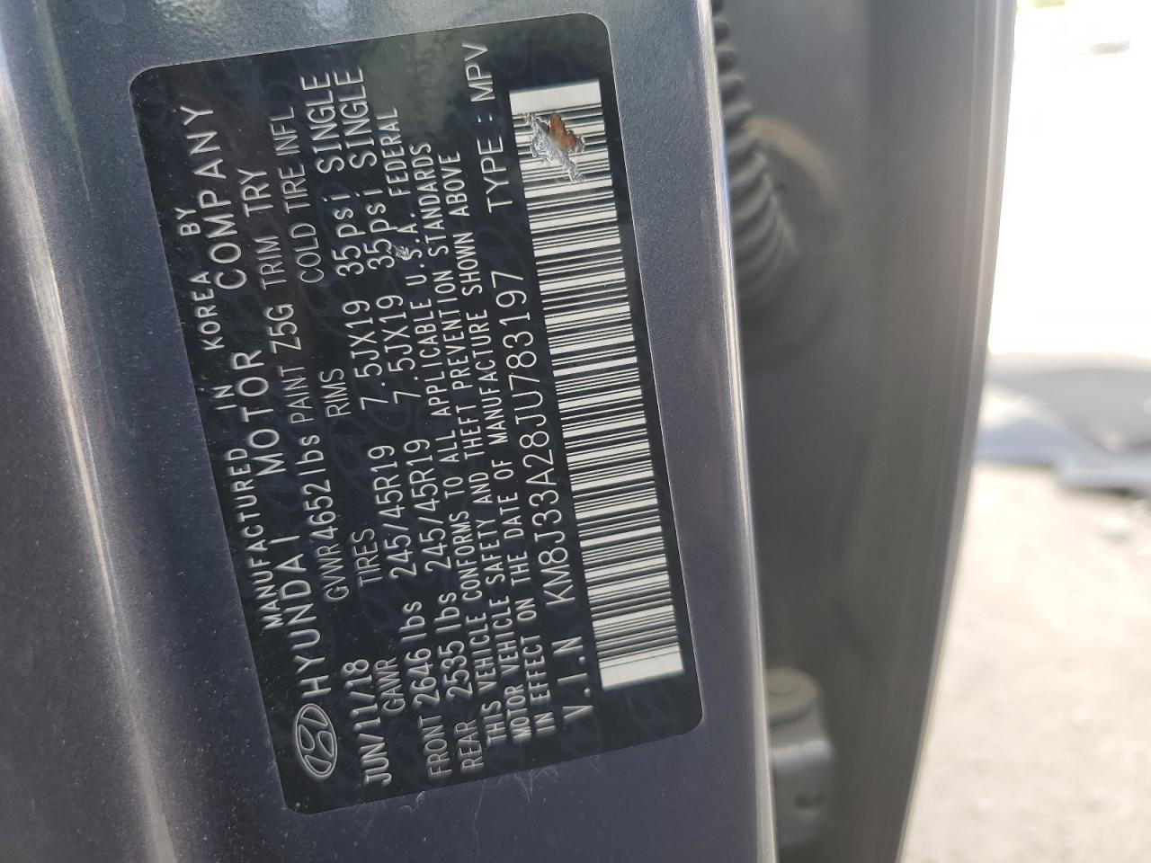 2018 Hyundai Tucson Value VIN: KM8J33A28JU783197 Lot: 82153465