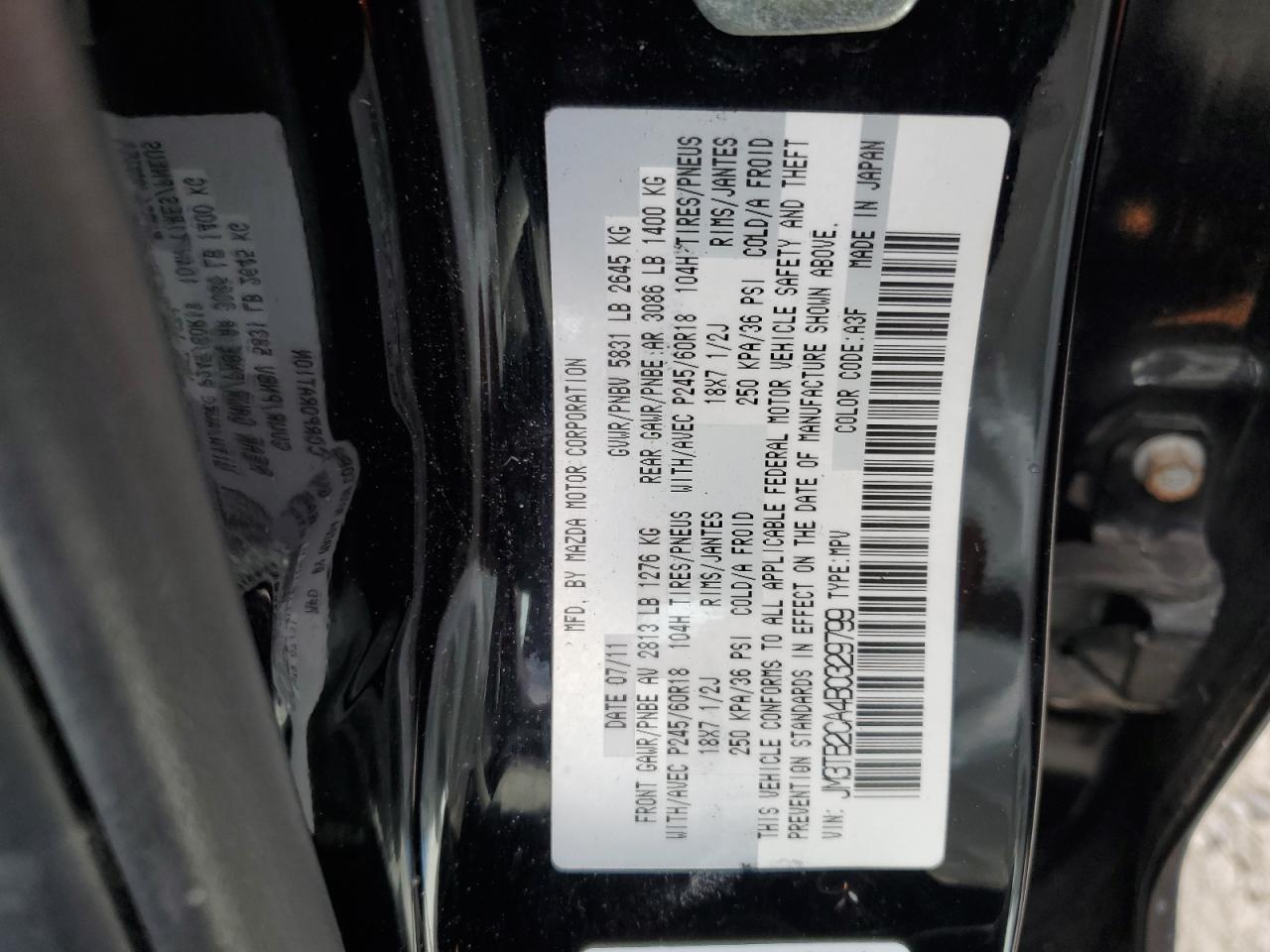 2011 Mazda Cx-9 VIN: JM3TB2CA4B0329799 Lot: 84211655