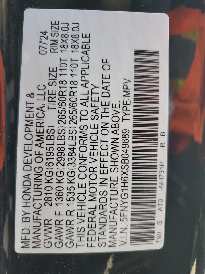 2025 Honda Pilot Trailsport VIN: 5FNYG1H6XSB049689 Lot: 72036055