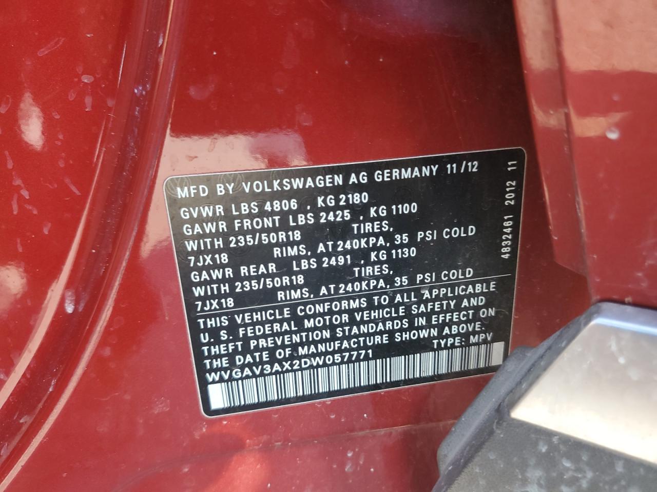 2013 Volkswagen Tiguan S VIN: WVGAV3AX2DW057771 Lot: 80744235