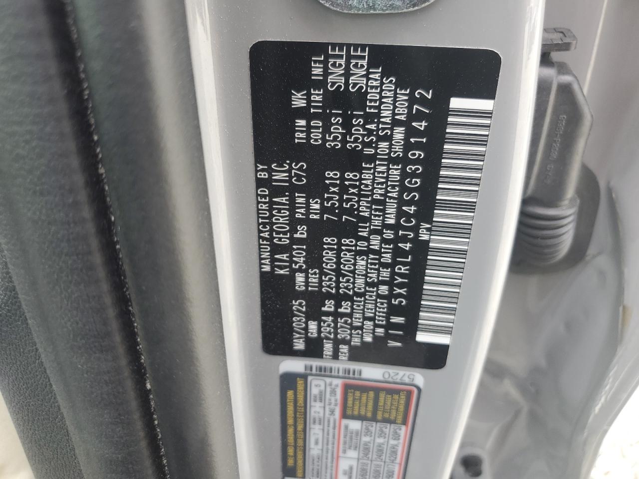 2025 Kia Sorento S VIN: 5XYRL4JC4SG391472 Lot: 80346275