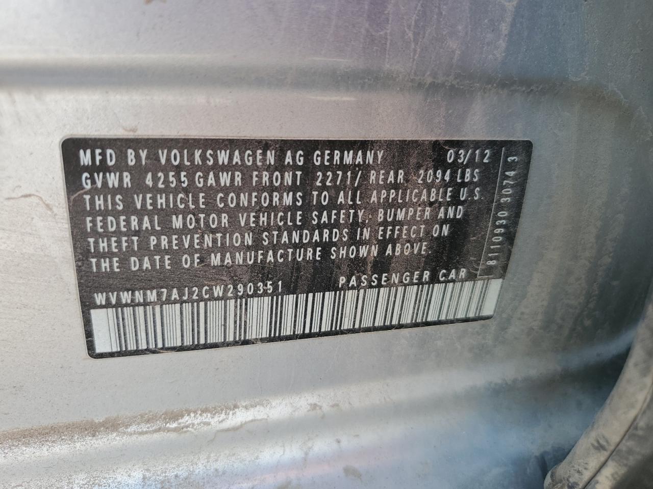 2012 Volkswagen Golf VIN: WVWNM7AJ2CW290351 Lot: 80641625