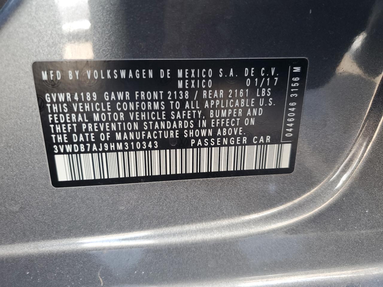 2017 Volkswagen Jetta Se VIN: 3VWDB7AJ9HM310343 Lot: 71925245