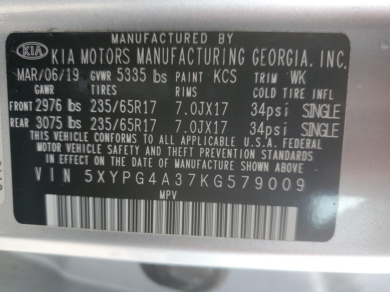 2019 Kia Sorento L VIN: 5XYPG4A37KG579009 Lot: 84476155