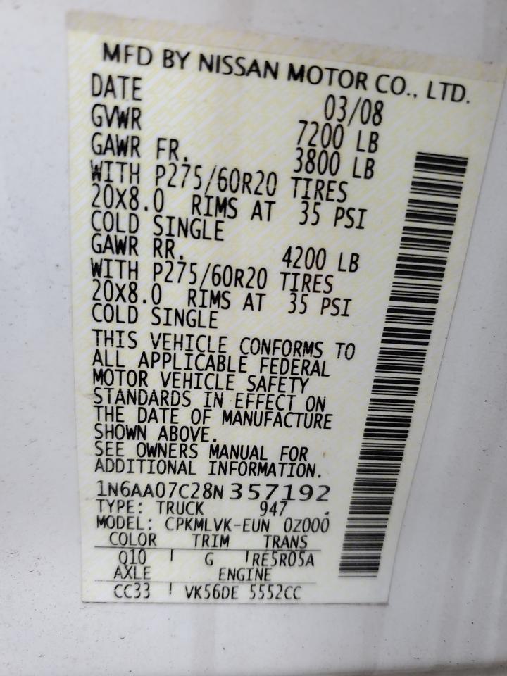 2008 Nissan Titan Xe VIN: 1N6AA07C28N357192 Lot: 81213785