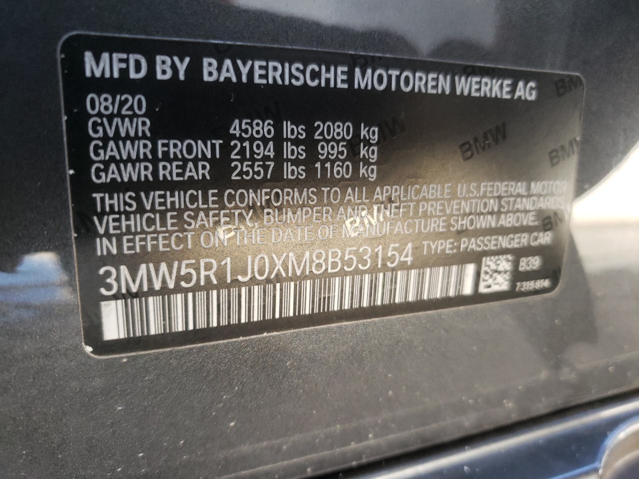 2021 BMW 330I VIN: 3MW5R1J0XM8B53154 Lot: 81292145
