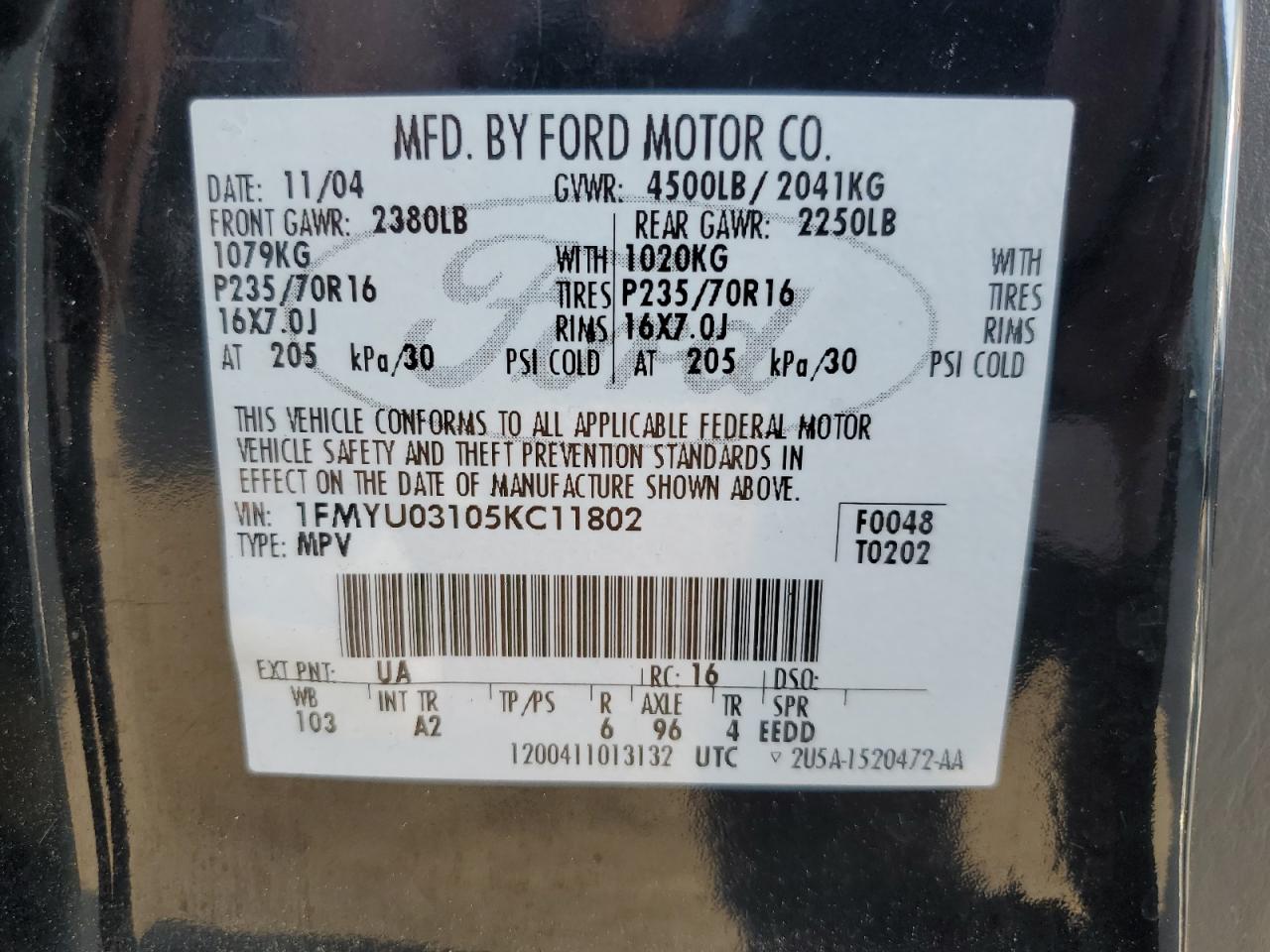 2005 Ford Escape Xlt VIN: 1FMYU03105KC11802 Lot: 71604225