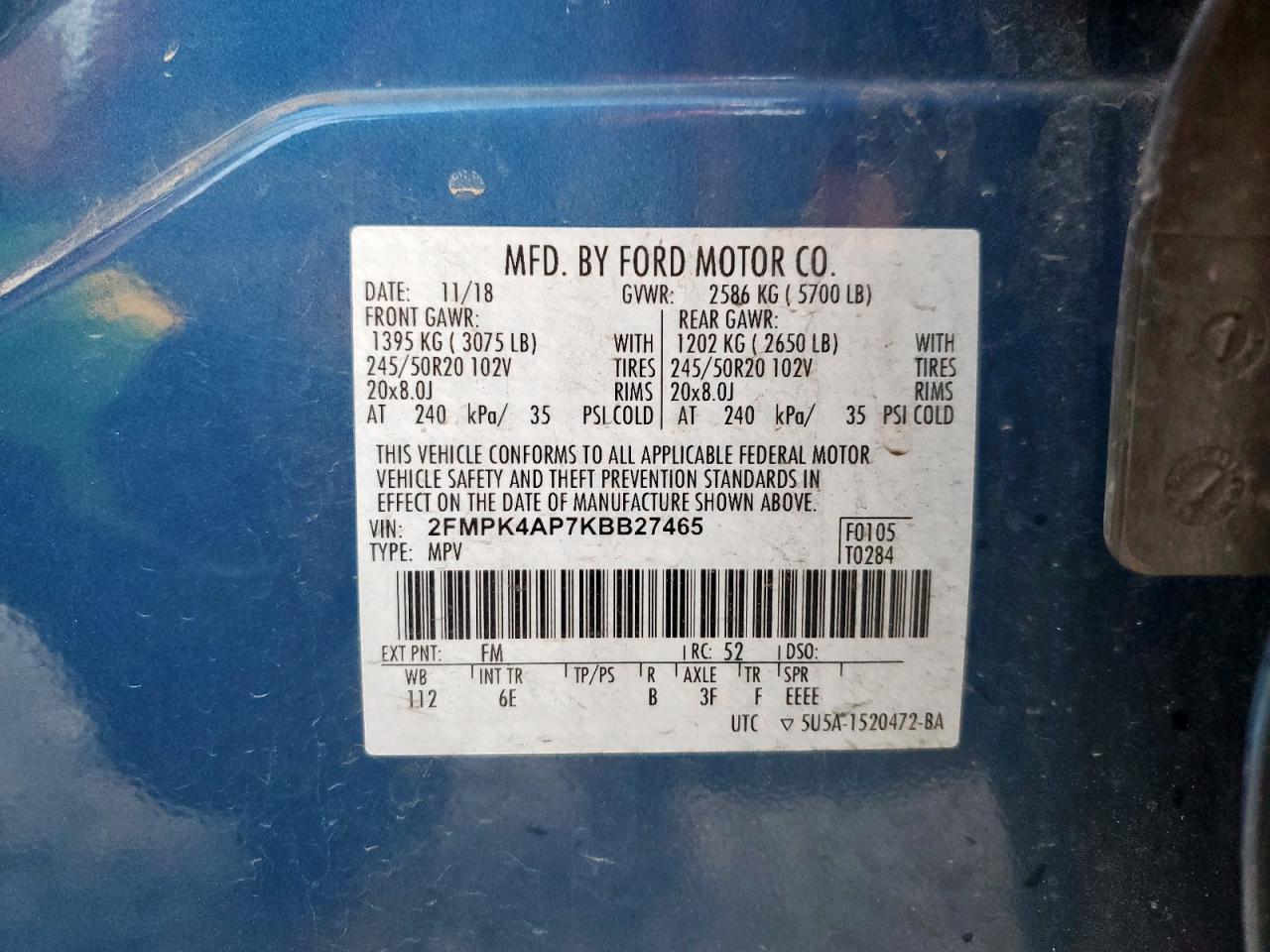 2019 Ford Edge St VIN: 2FMPK4AP7KBB27465 Lot: 81010825