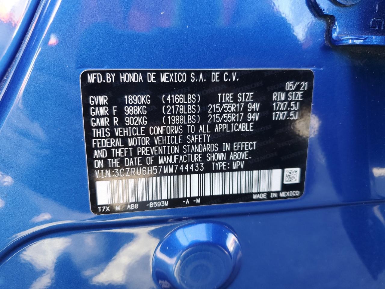 2021 Honda Hr-V Ex VIN: 3CZRU6H57MM744433 Lot: 72073535